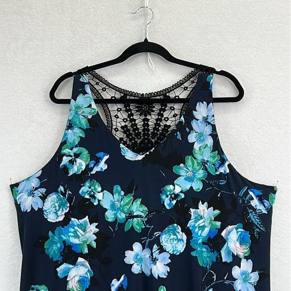 Lane Bryant Maxi Dress Sz 22-24 Black & Aqua Floral Crochet Back Detail EUC - Picture 3 of 8